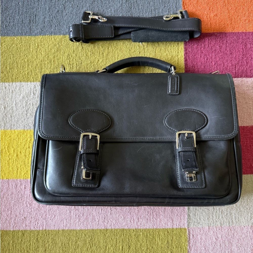 Coach Conner Briefcase Black Leather Messenger Bag Laptop Organizer, EXC Cond